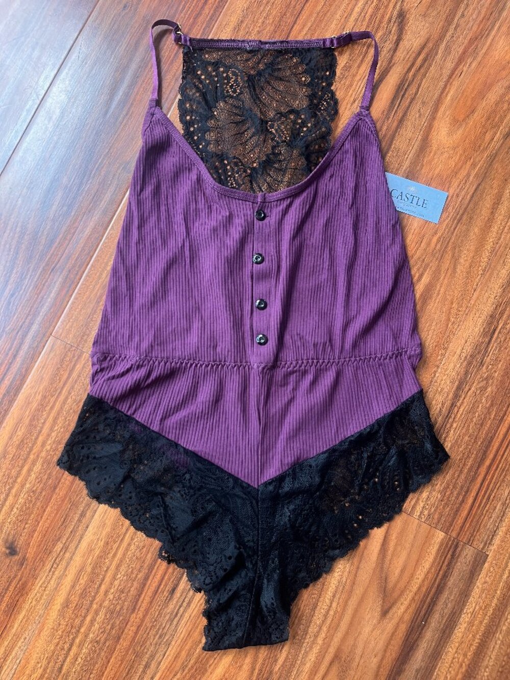 NWT Castle Megastore Ribbed Purple Lace-Trimmed Button-Up Romper Bodysuit M/L